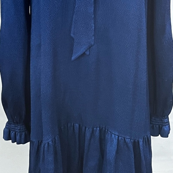 Sandro Paris V-Neck Blue Textured Mini Shift Dress Neck Tie Long Sleeve Sz 36 - Picture 13 of 16
